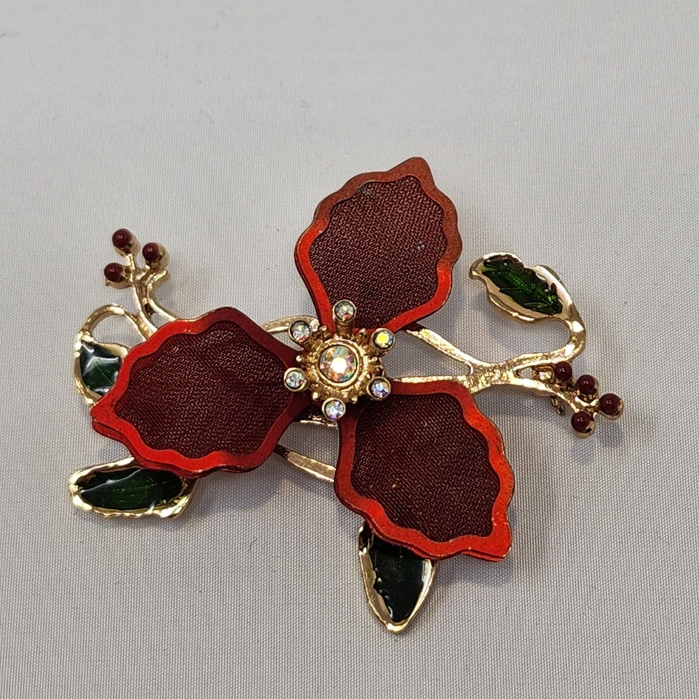 Kenneth Cole Red Mesh Poinsettia Brooch Pin Holiday Christmas Enamel Rhinestone
